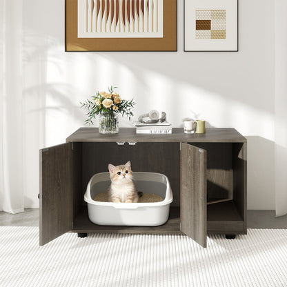 Wooden Cat Litter Box Enclosure Hidden Litter Box Furniture with Scratching Board-Oak