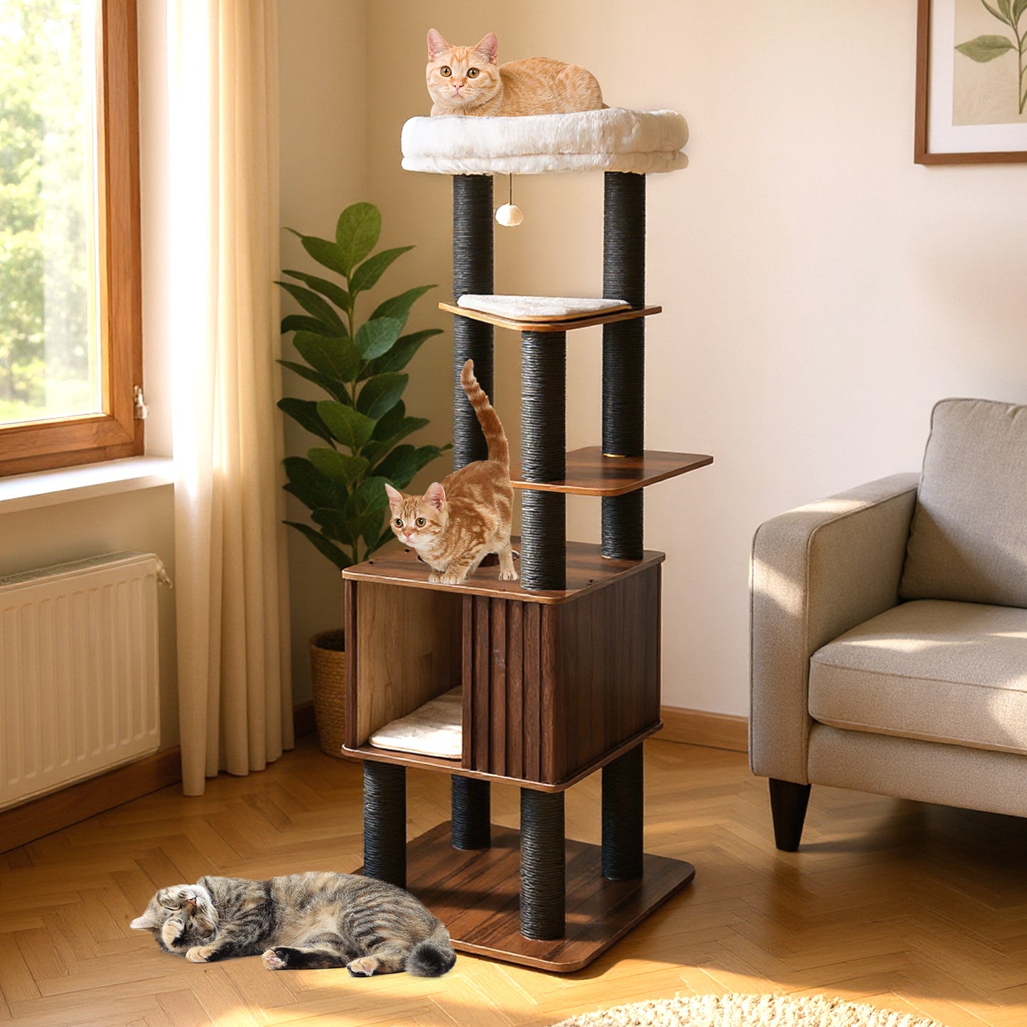 Wooden Cat Tower Top Perch with Soft Padding-Brown