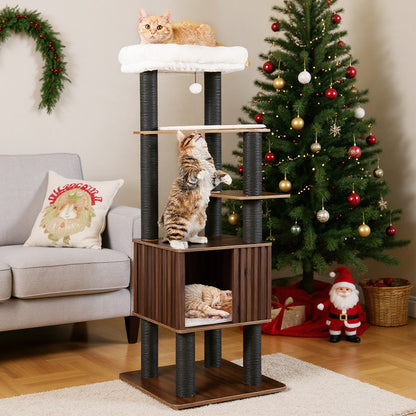Wooden Cat Tower Top Perch with Soft Padding-Brown
