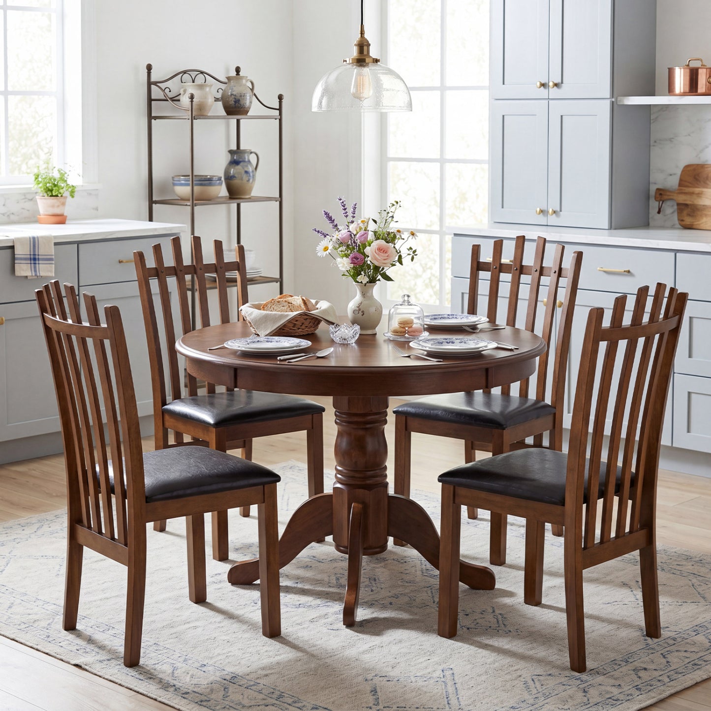 Wooden Dining Chair Set of 4 with Spindle Back & PU Leather Seat-Black
