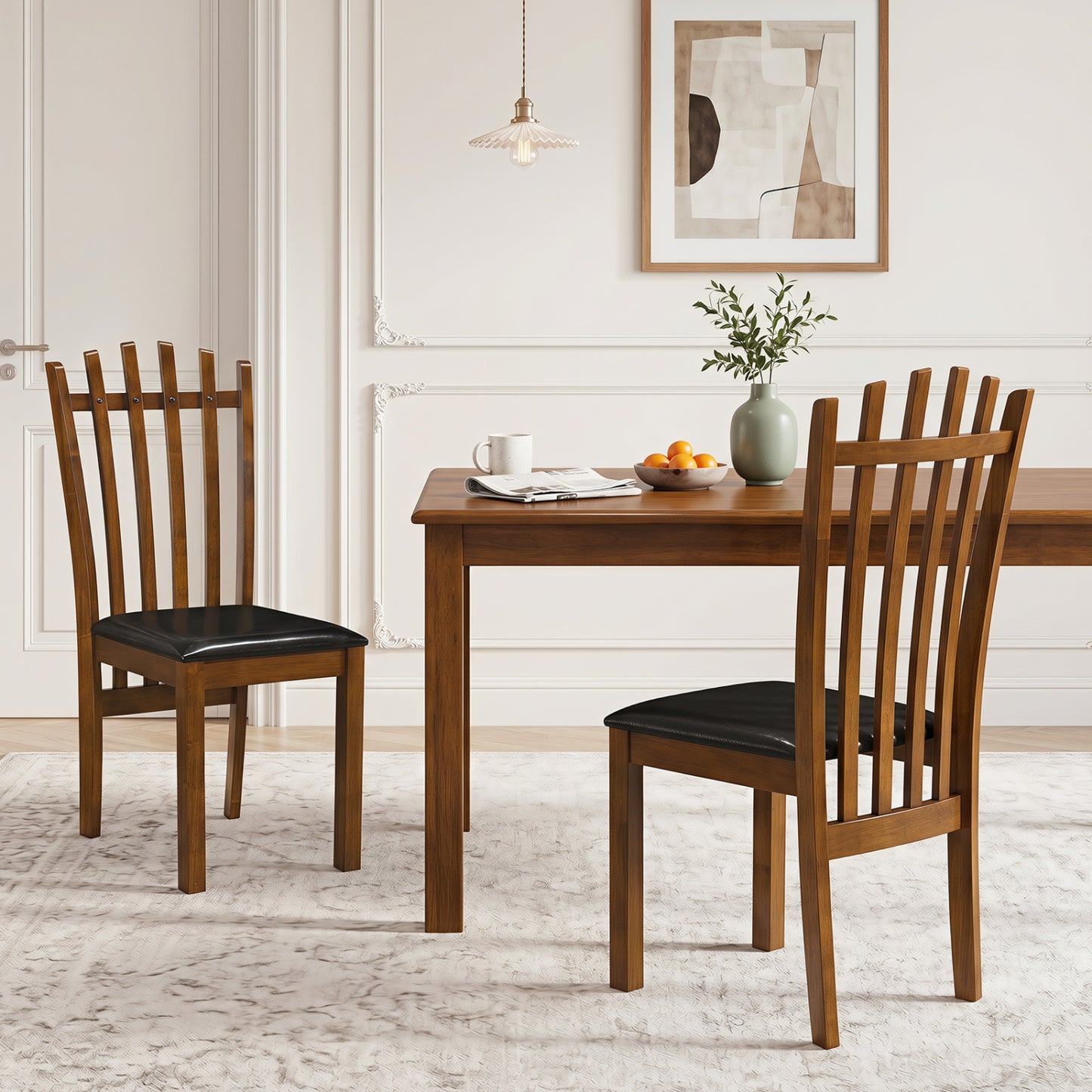 Wooden Dining Chair Set of 2 with Spindle Back & PU Leather Seat-Black