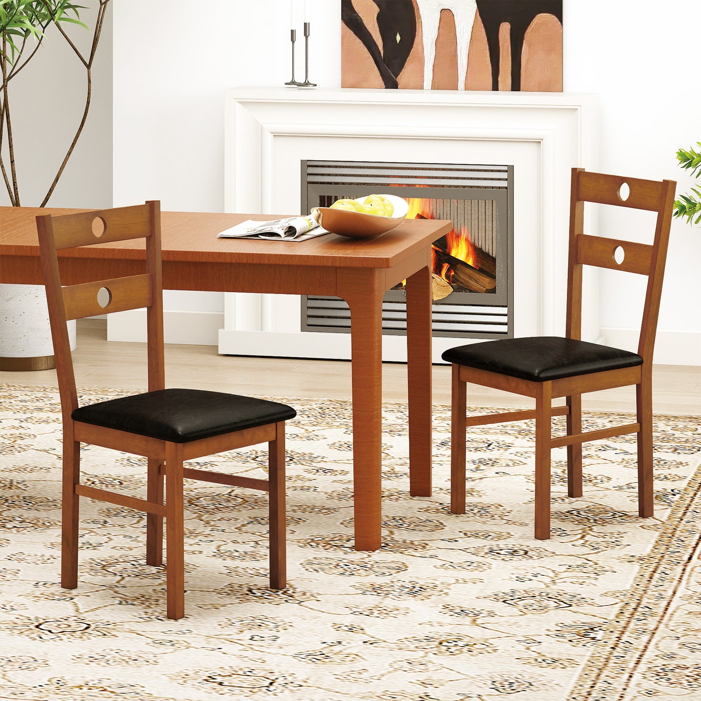 Wooden Dining Chairs Set of 2 Armless Kitchen Chairs with Hollowed Backrest-brown