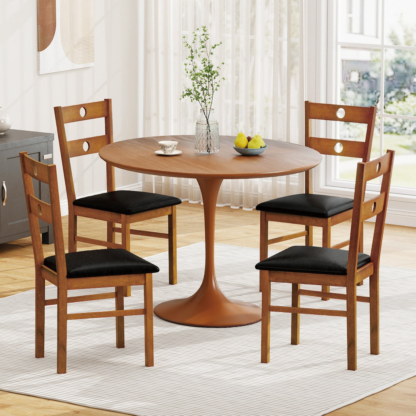 Wooden Dining Chairs Set of 4 Armless Kitchen Chairs with Hollowed Backrest-Brown
