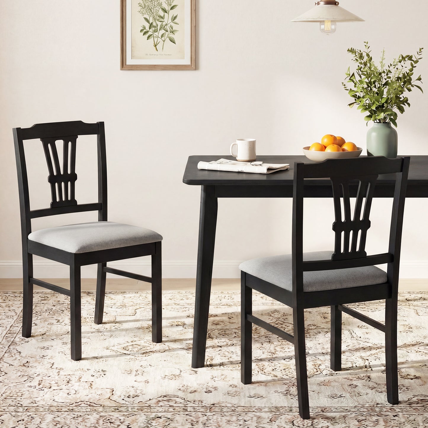 Wooden Dining Chairs Set of 2 Upholstered Kitchen Chairs with Solid Rubber Wood Frame-Beige