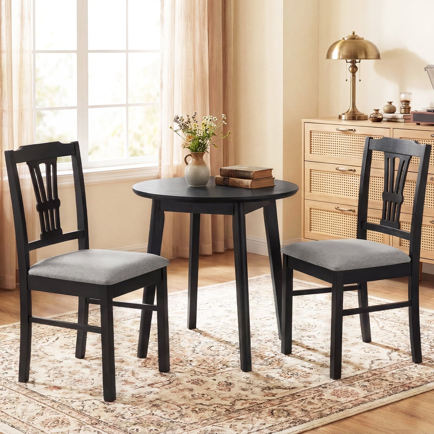 Wooden Dining Chairs Set of 2 Upholstered Kitchen Chairs with Solid Rubber Wood Frame-Beige