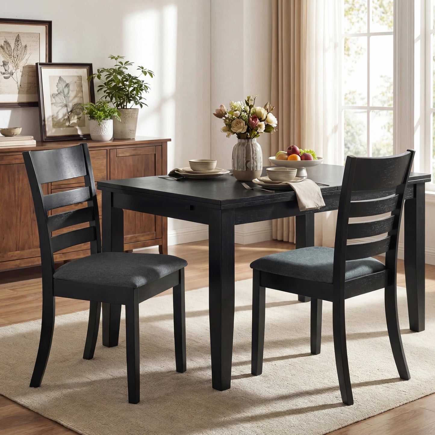 Wooden Dining Chairs Set of 2 Upholstered Kitchen Chairs with Rubber Wood Frame-Black