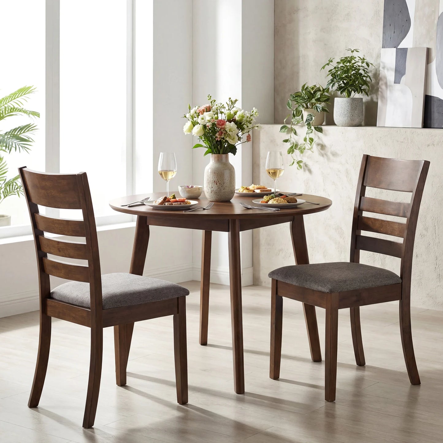 Wooden Dining Chairs Set of 2 Upholstered Kitchen Chairs with Rubber Wood Frame-Black