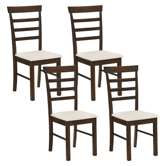 Set of four brown wooden dining chairs with fabric cushions, stylish and comfortable for kitchen or dining room use.