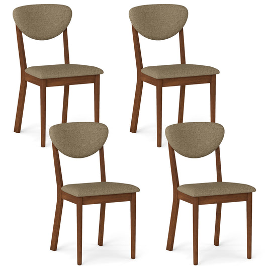 Set of four brown wooden dining chairs with padded seat backs, ideal for kitchen and dining room seating.