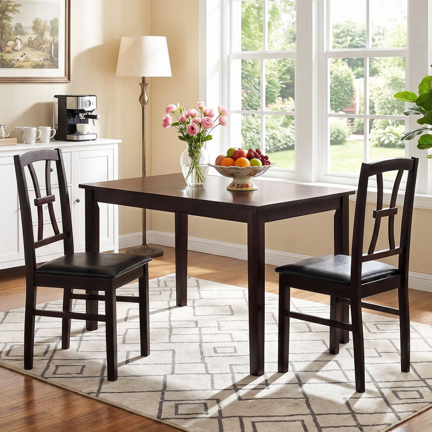 Wooden Dining Chairs Set of 2 with Faux Leather Padded Seat for Kitchen-Black