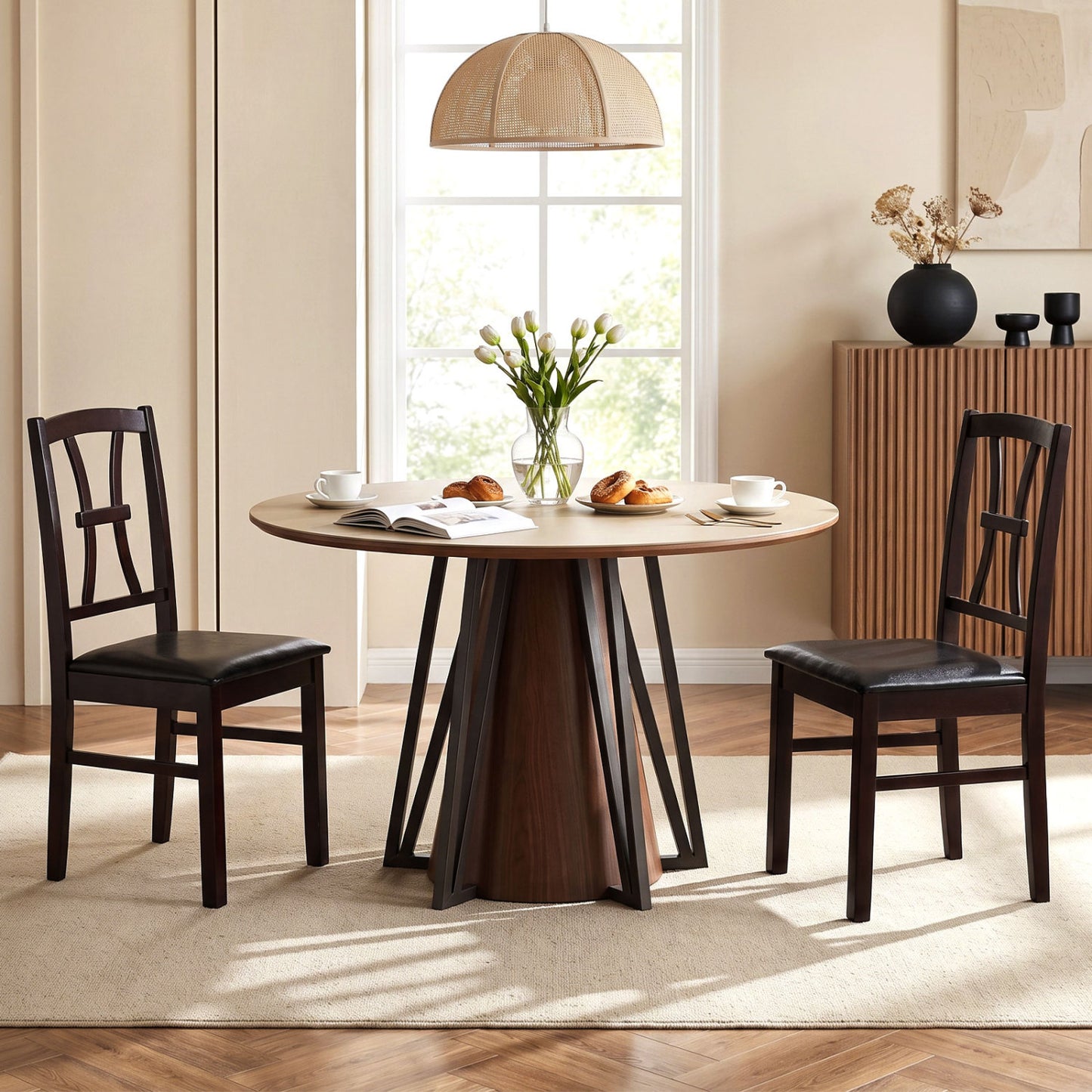 Wooden Dining Chairs Set of 2 with Faux Leather Padded Seat for Kitchen-Black
