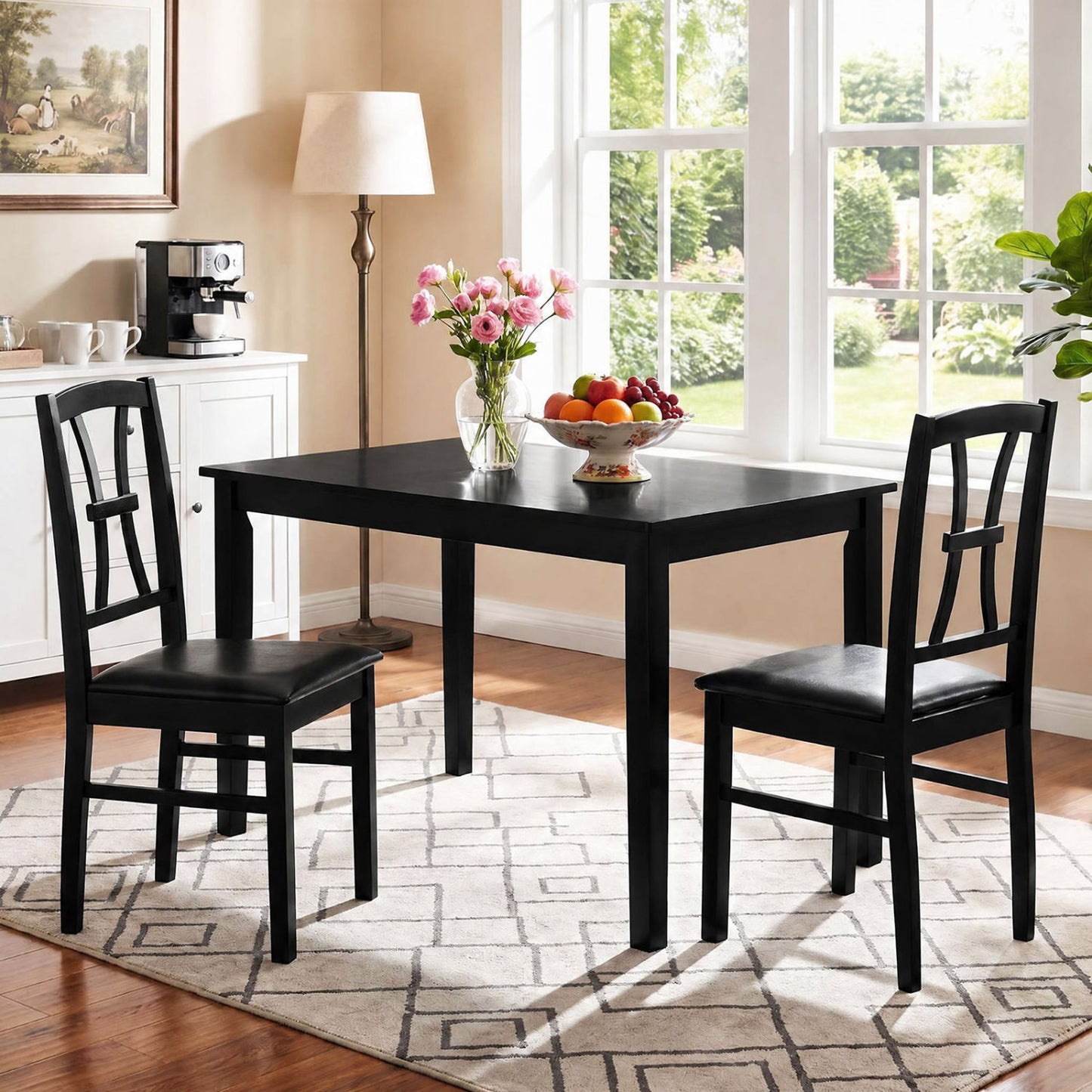 Wooden Dining Chairs Set of 2 with Faux Leather Padded Seat for Kitchen-Black