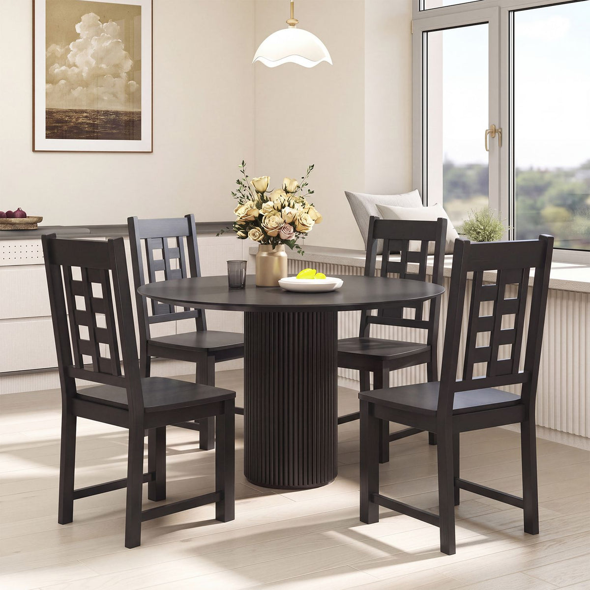 Wooden Dining Chairs Set of 4 Kitchen Chair with Solid Rubber Wood Frame-Black