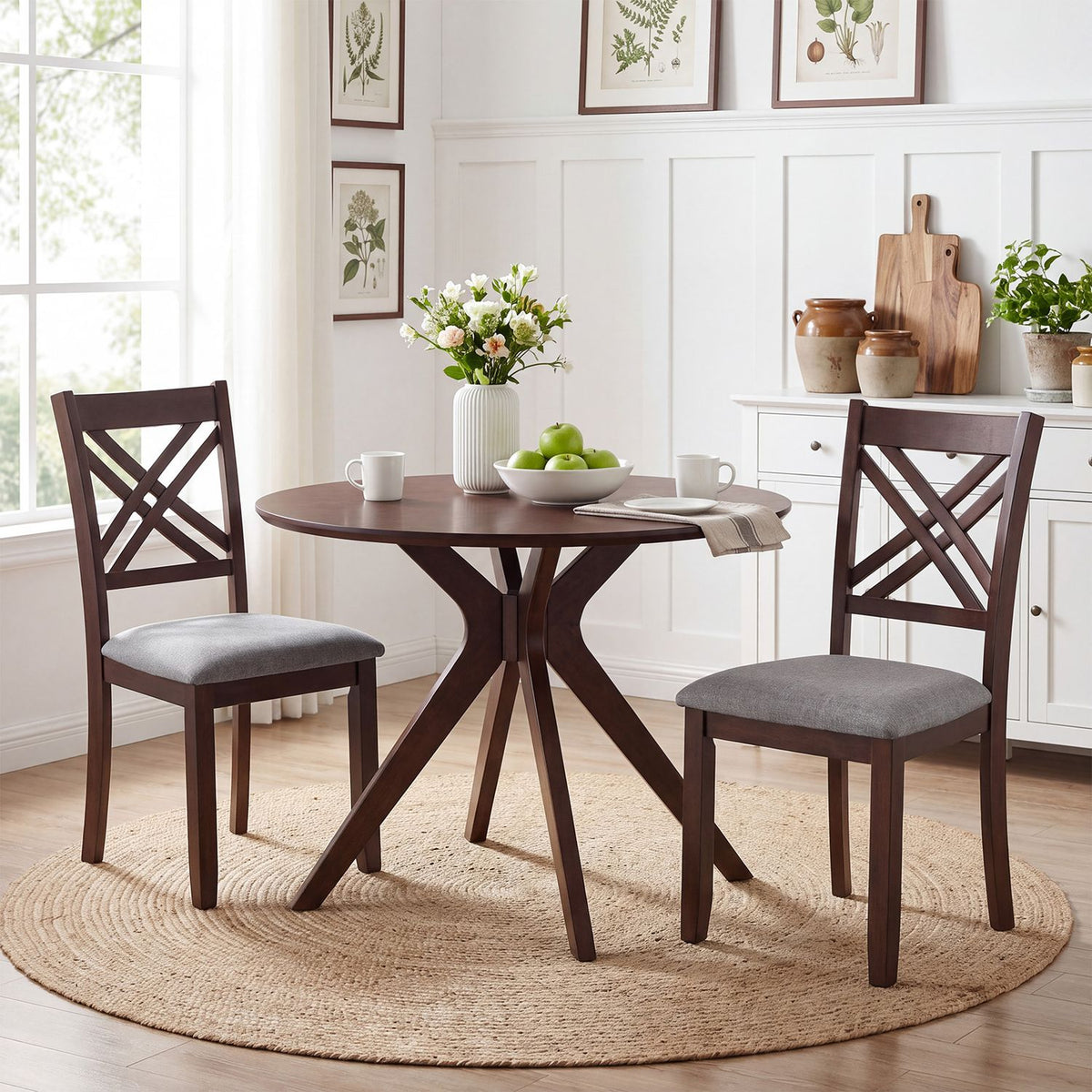 Set of two brown wooden dining chairs with fabric-padded seats and solid rubber wood construction for kitchen dining.