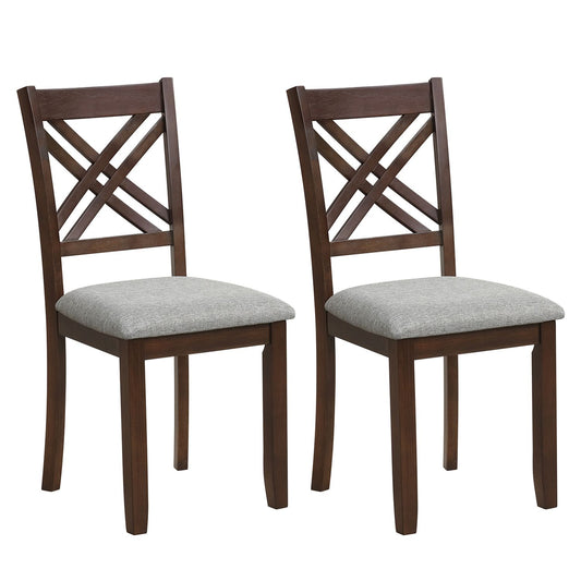 Set of two brown wooden dining chairs with fabric-padded seats, made from solid rubber wood for kitchen dining areas.