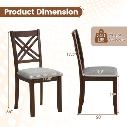Set of two wooden dining chairs with fabric padded seats and solid rubber wood frames, brown finish for kitchen dining.
