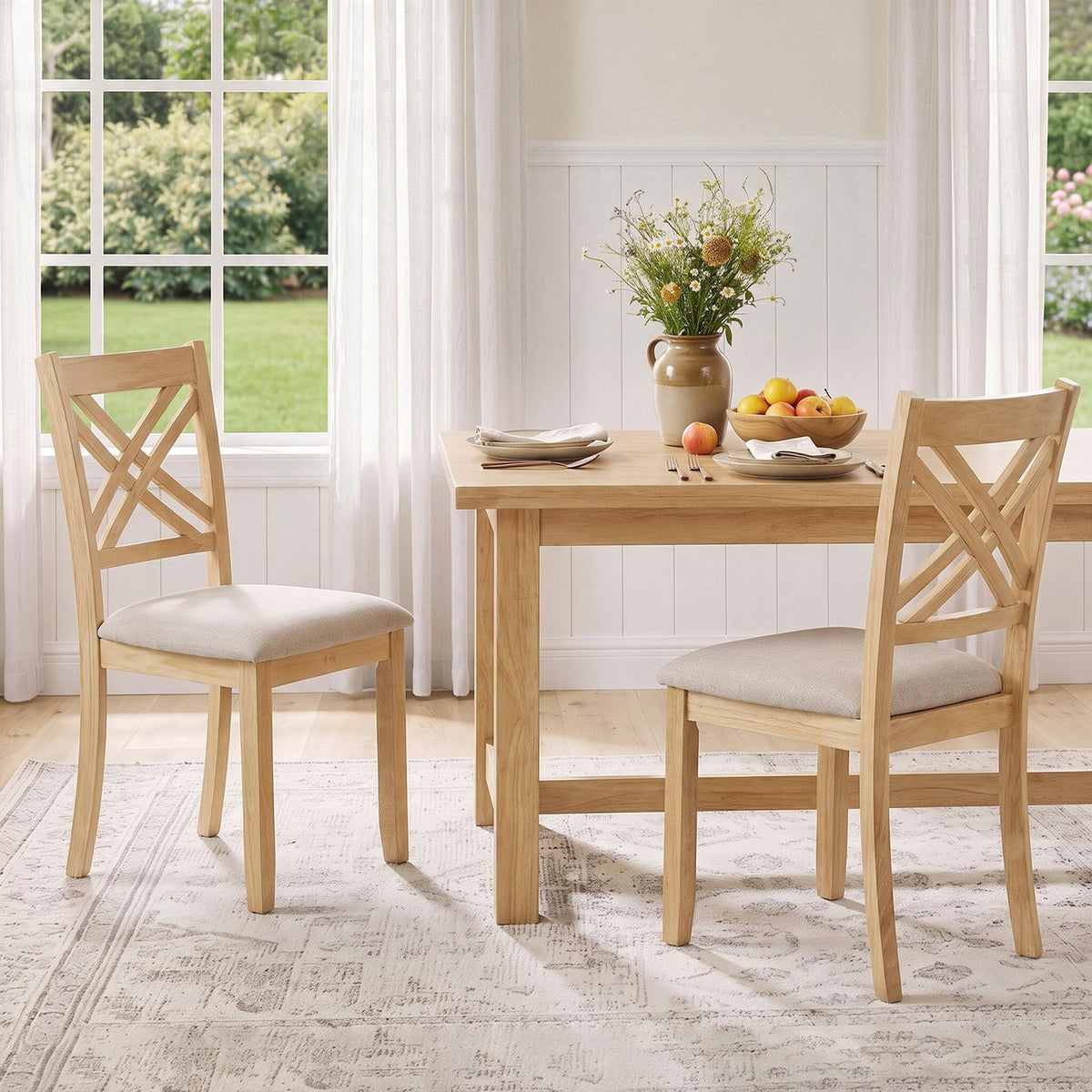 Set of two brown wooden dining chairs with fabric padded seats and solid rubber wood construction for kitchen dining.