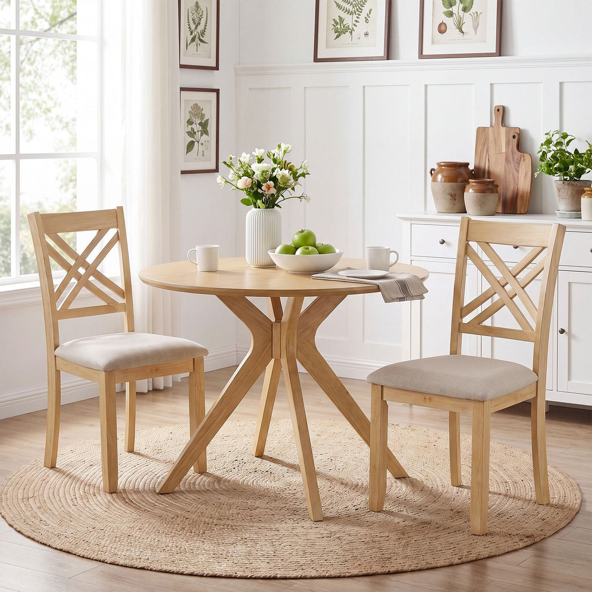 Set of 2 brown wooden dining chairs with fabric padded seats and solid rubber wood frames for kitchen dining area.