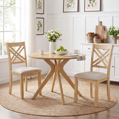 Set of 2 brown wooden dining chairs with fabric padded seats and solid rubber wood frames for kitchen dining area.