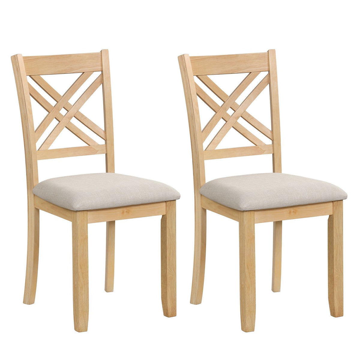Set of two wooden dining chairs with fabric padded seats, solid rubber wood construction, in a warm brown finish.