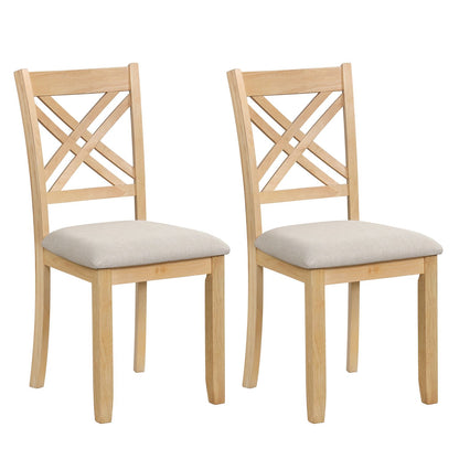 Set of two wooden dining chairs with fabric padded seats, solid rubber wood construction, in a warm brown finish.