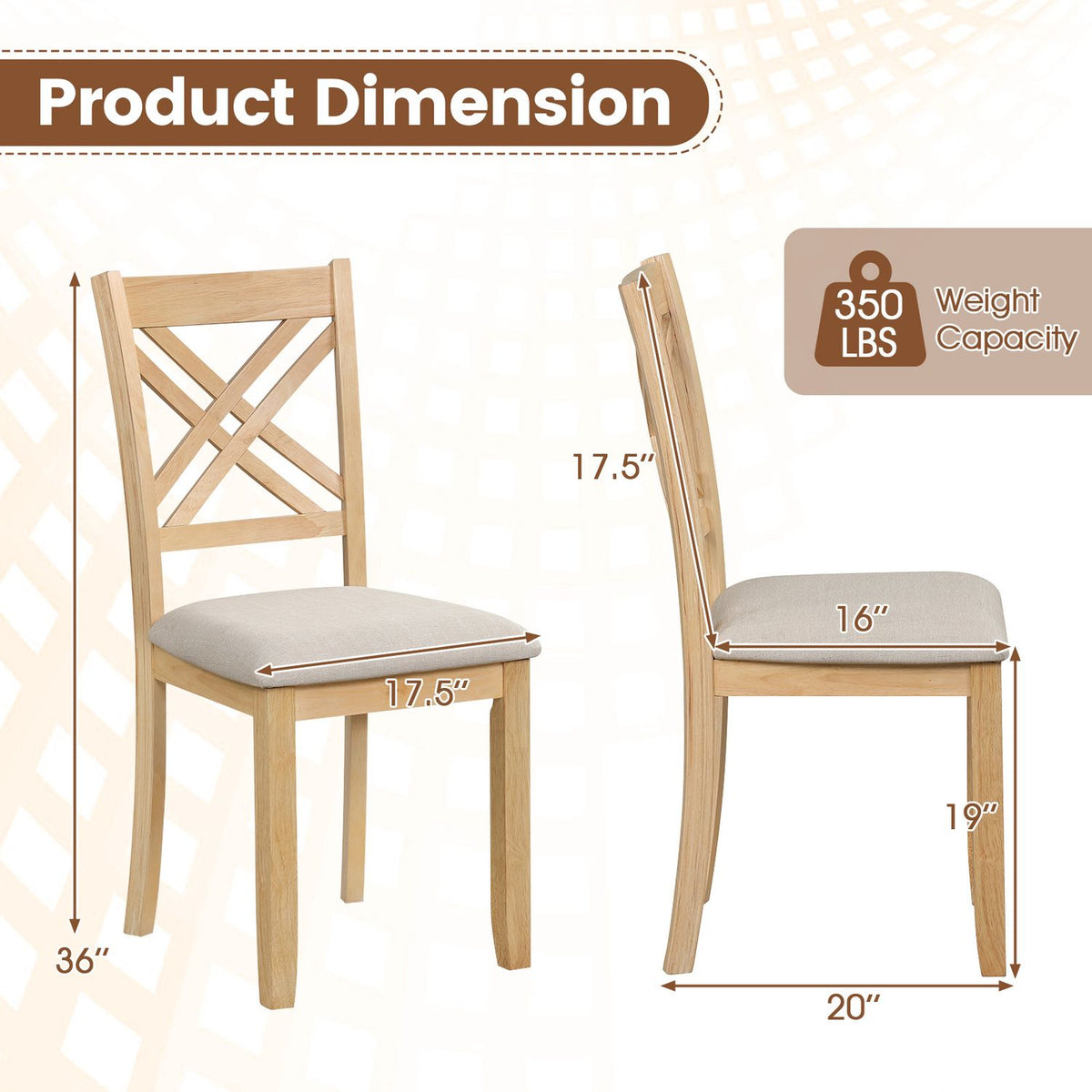 Set of two brown wooden dining chairs with fabric padded seats and solid rubber wood construction for kitchen dining.