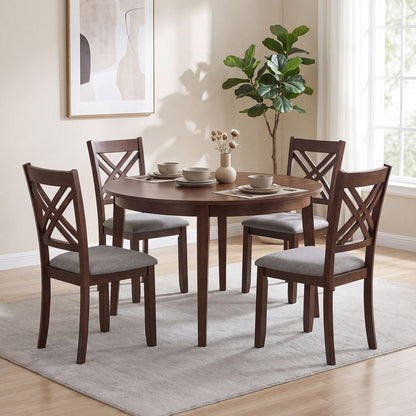 Set of four brown wooden dining chairs with fabric-padded seats and solid rubber wood construction for kitchen dining area