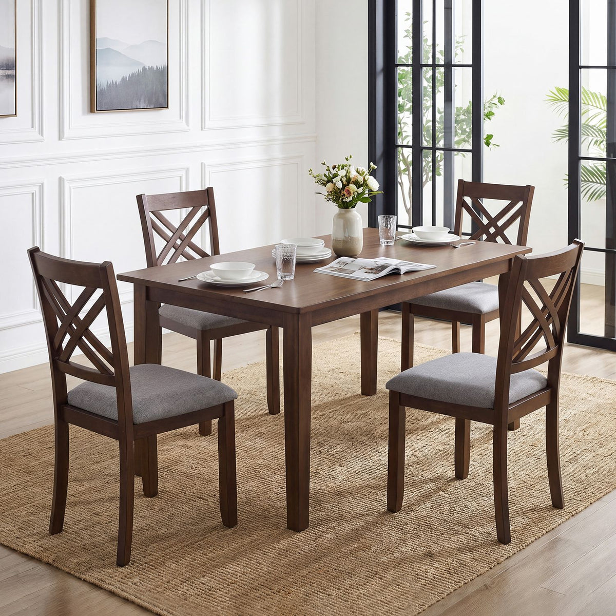 Set of four brown wooden dining chairs with fabric padded seats and solid rubber wood construction for kitchen dining room.