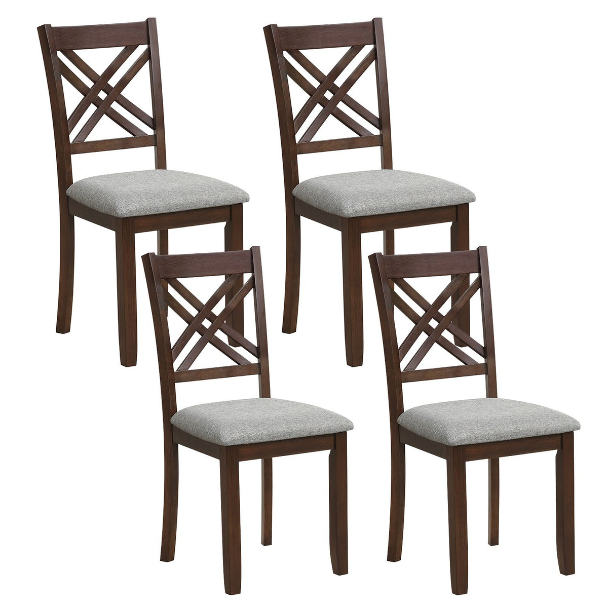 Set of four brown wooden dining chairs with fabric padded seats, solid rubber wood construction for kitchen or dining room.