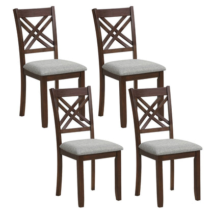 Set of four brown wooden dining chairs with fabric padded seats, solid rubber wood construction for kitchen or dining room.