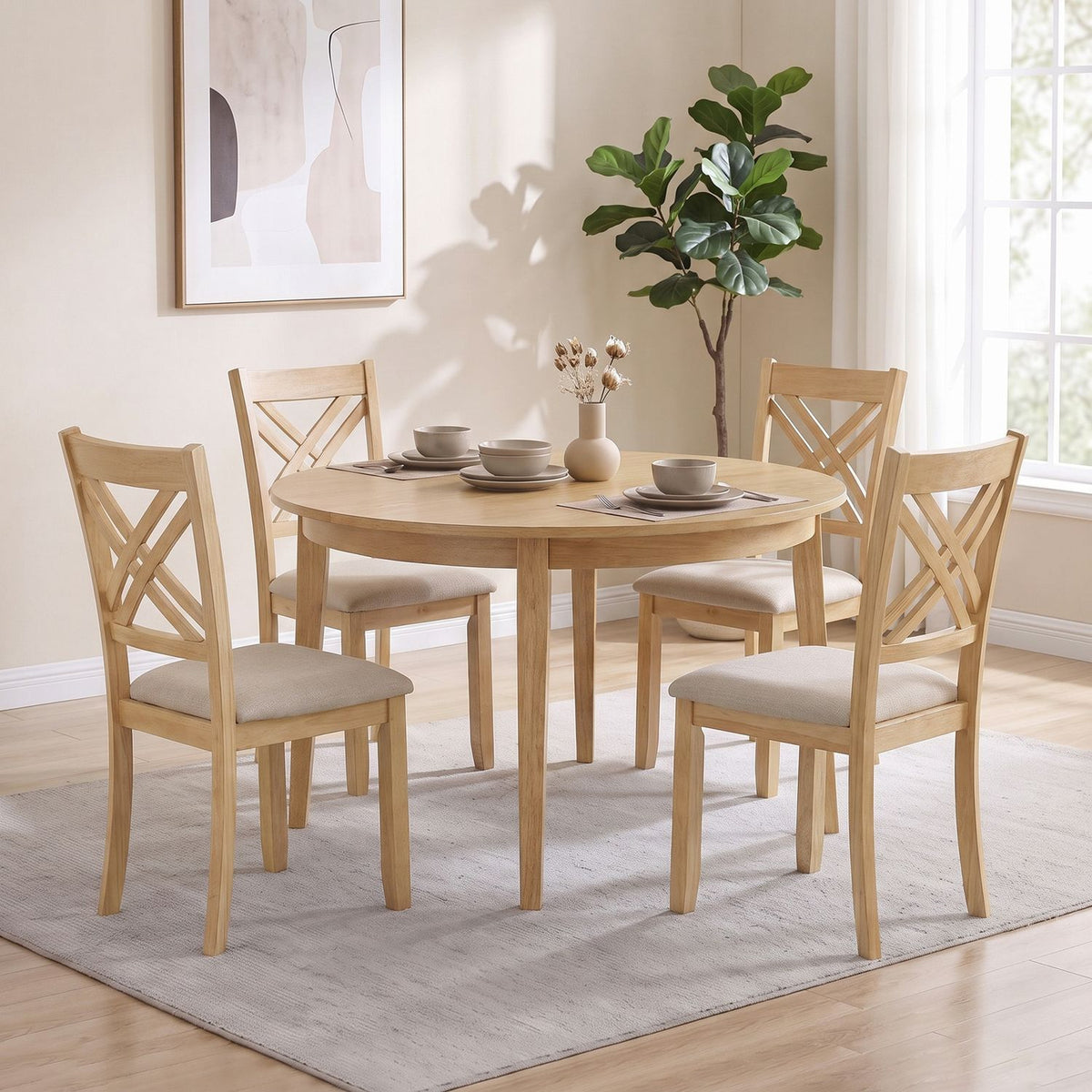 Set of four brown wooden dining chairs with fabric padded seats and solid rubber wood frames for kitchen dining.