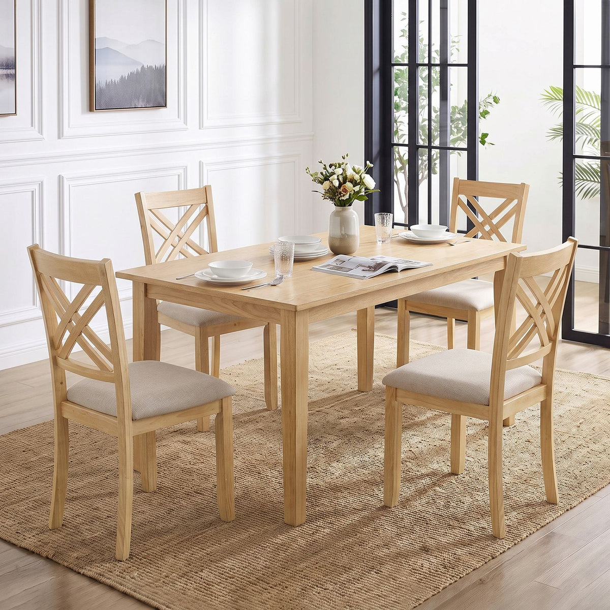 Set of four brown wooden dining chairs with fabric padded seats and solid rubber wood frames for kitchen dining area.