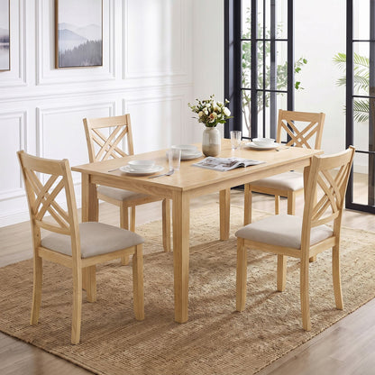 Set of four brown wooden dining chairs with fabric padded seats and solid rubber wood frames for kitchen dining area.