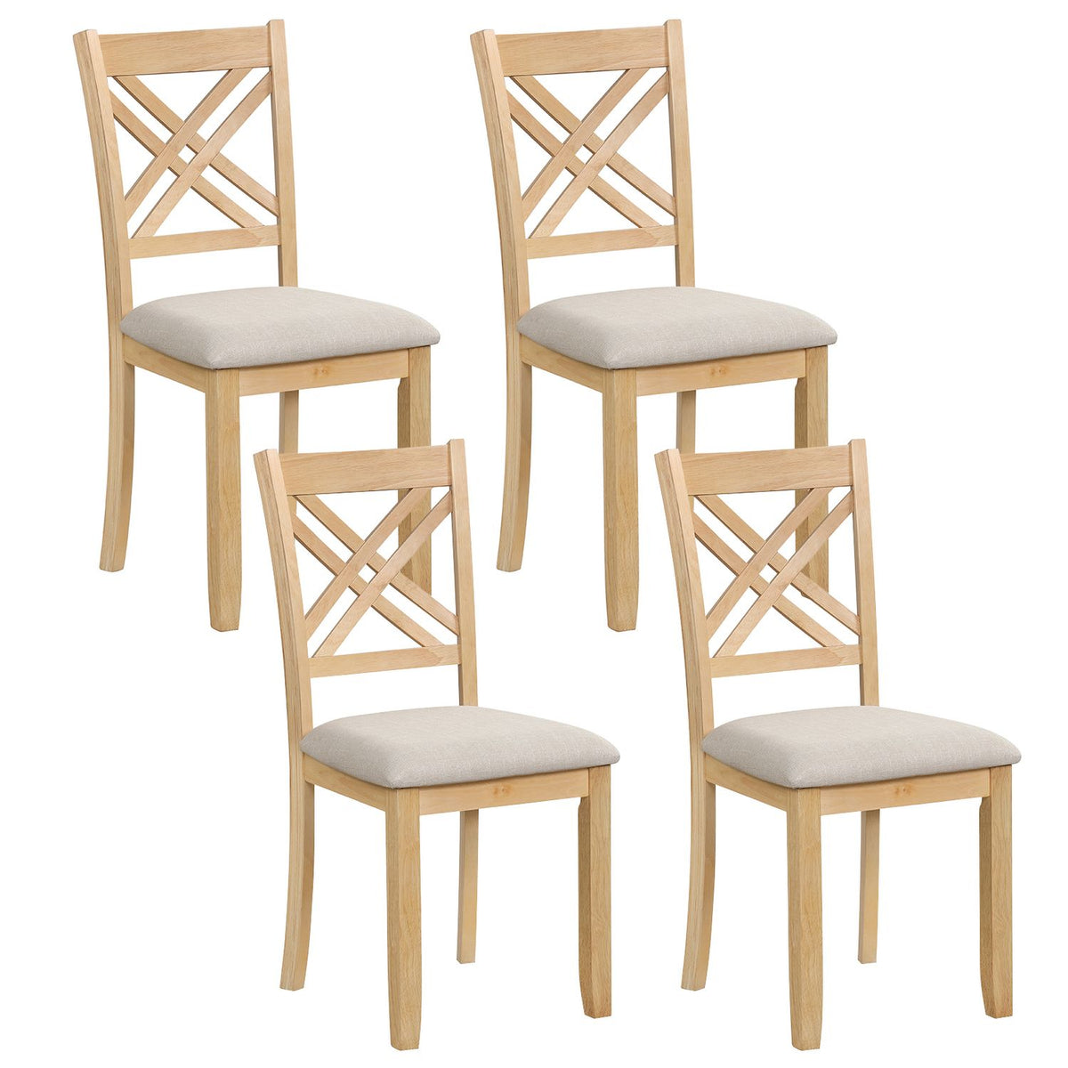 Set of four brown wooden dining chairs with fabric padded seats and solid rubber wood construction for kitchen dining area.