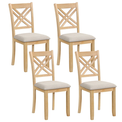 Set of four brown wooden dining chairs with fabric padded seats and solid rubber wood construction for kitchen dining area.