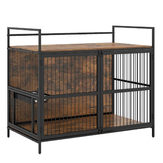 Wooden Dog Crate Furniture for Medium Dogs with Bowls and Rotatable Holder-Brown