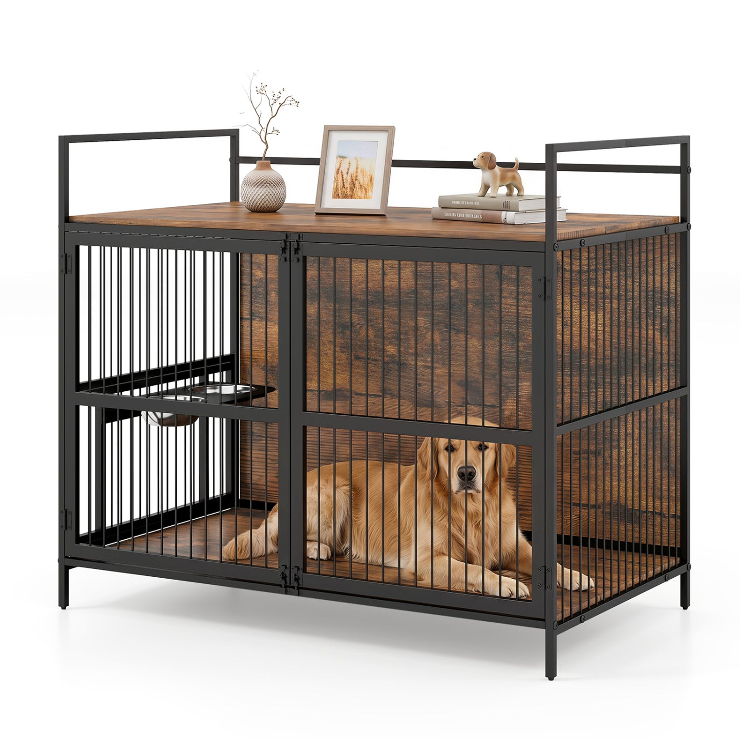 Wooden Dog Crate Furniture for Medium Dogs with Bowls and Rotatable Holder-Brown