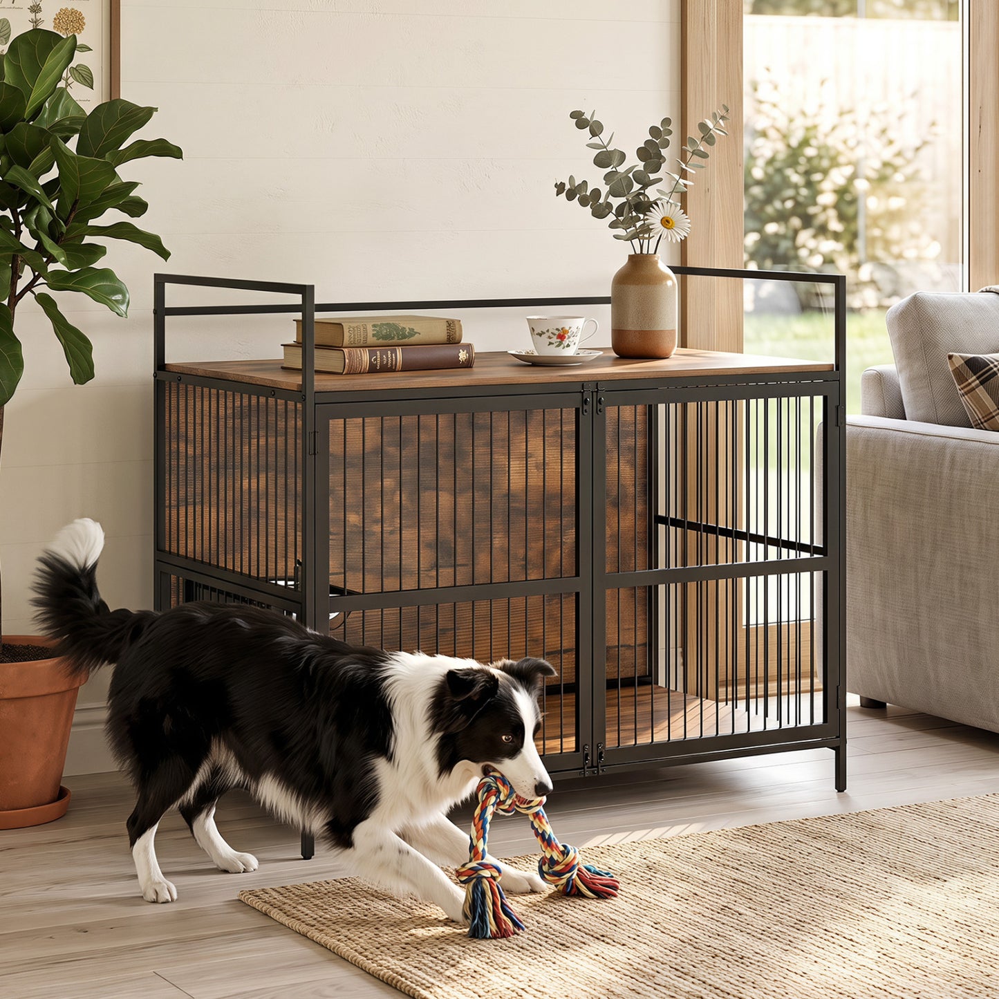 Wooden Dog Crate Furniture for Medium Dogs with Bowls and Rotatable Holder-Brown