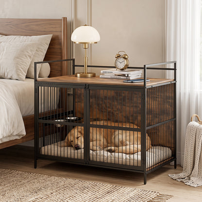 Wooden Dog Crate Furniture for Medium Dogs with Bowls and Rotatable Holder-Brown
