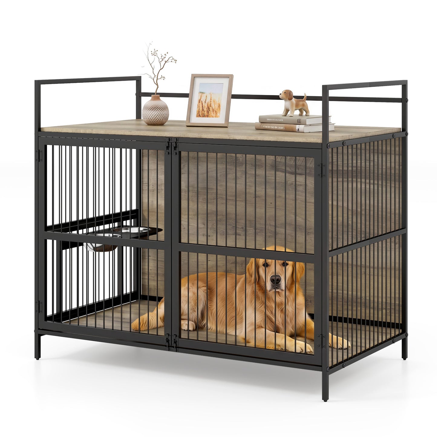 Wooden Dog Crate Furniture for Medium Dogs with Bowls and Rotatable Holder-Brown