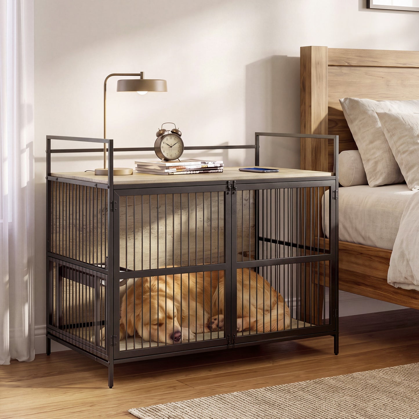 Wooden Dog Crate Furniture for Medium Dogs with Bowls and Rotatable Holder-Brown