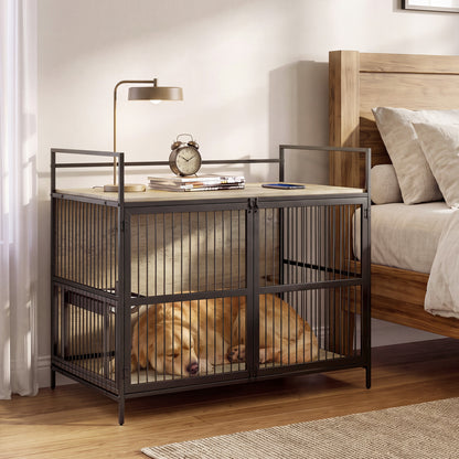 Wooden Dog Crate Furniture for Medium Dogs with Bowls and Rotatable Holder-Brown