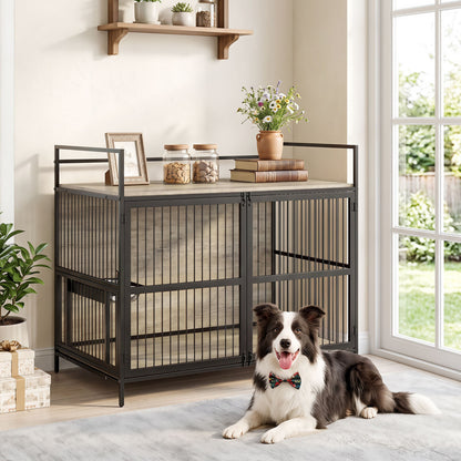 Wooden Dog Crate Furniture for Medium Dogs with Bowls and Rotatable Holder-Brown