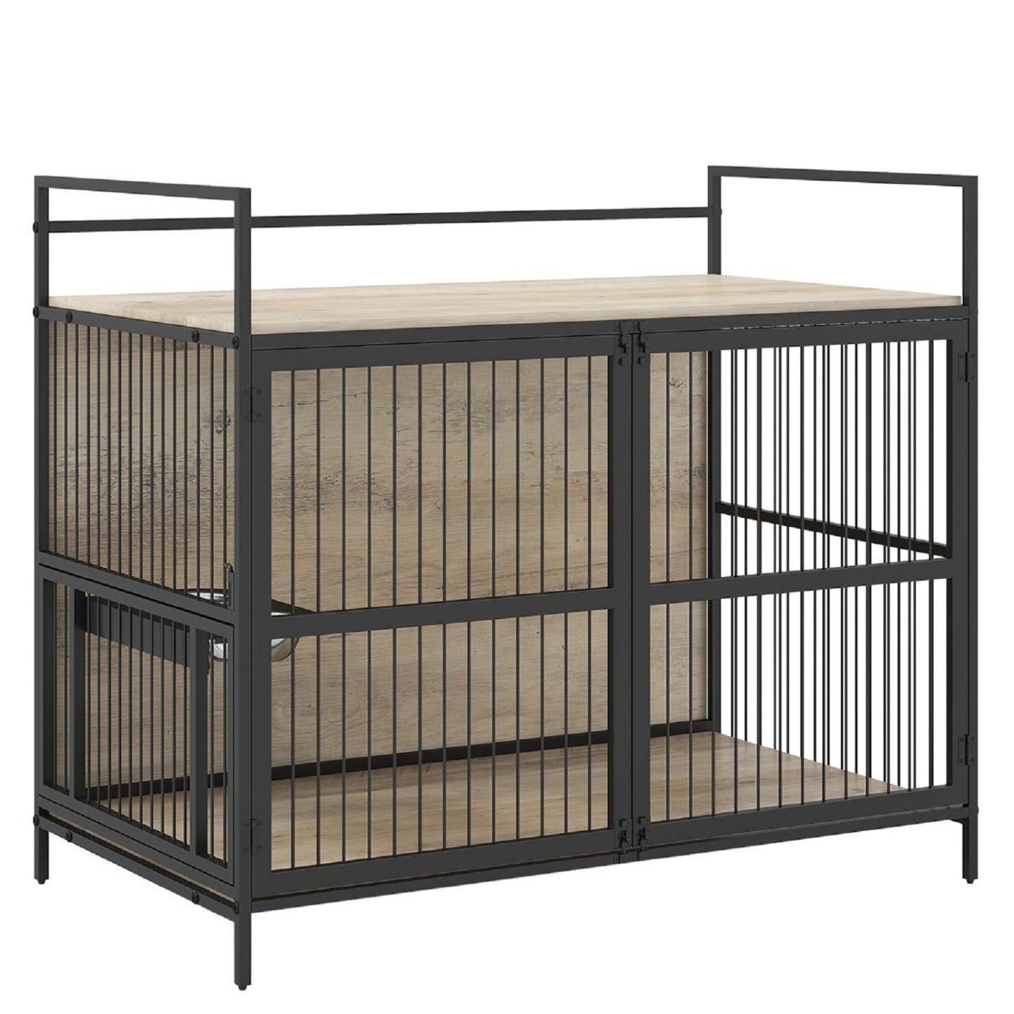 Wooden Dog Crate Furniture for Medium Dogs with Bowls and Rotatable Holder-Brown