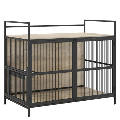 Wooden Dog Crate Furniture for Medium Dogs with Bowls and Rotatable Holder-Brown
