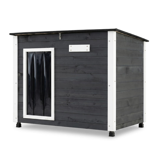 Wooden outdoor dog house with natural spruce wood, removable floor, and openable asphalt roof, designed for pets.