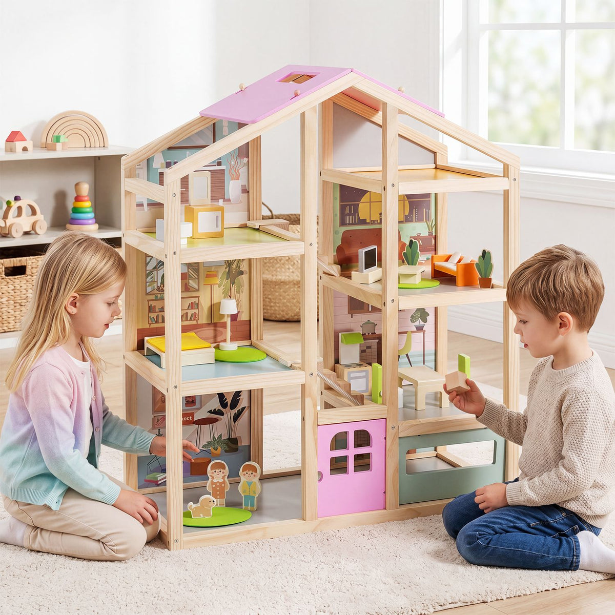 Wooden dollhouse for kids with furniture and figures, modern family design, natural wood finish, perfect for pretend play.
