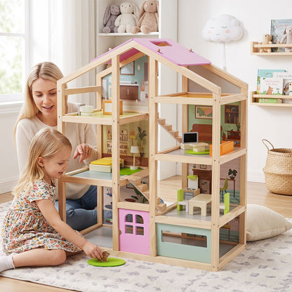 Wooden dollhouse for kids with furniture and figures, modern family design, natural wood finish, perfect for pretend play.