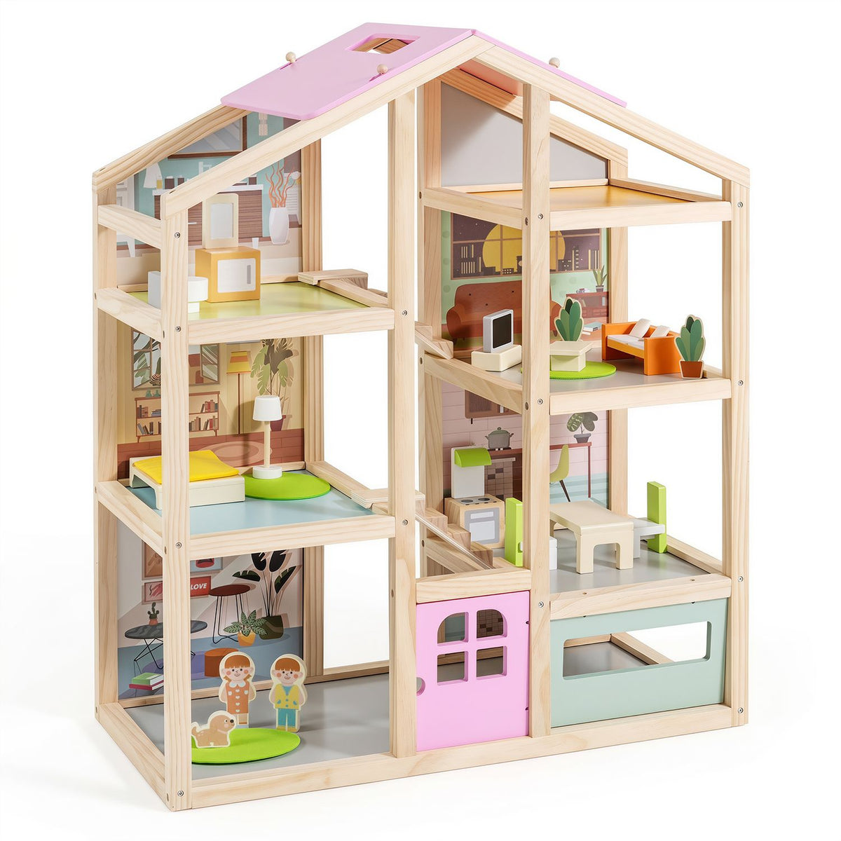 Wooden dollhouse for kids, modern family design with furniture and figures, natural wood finish, pretend play toy house.