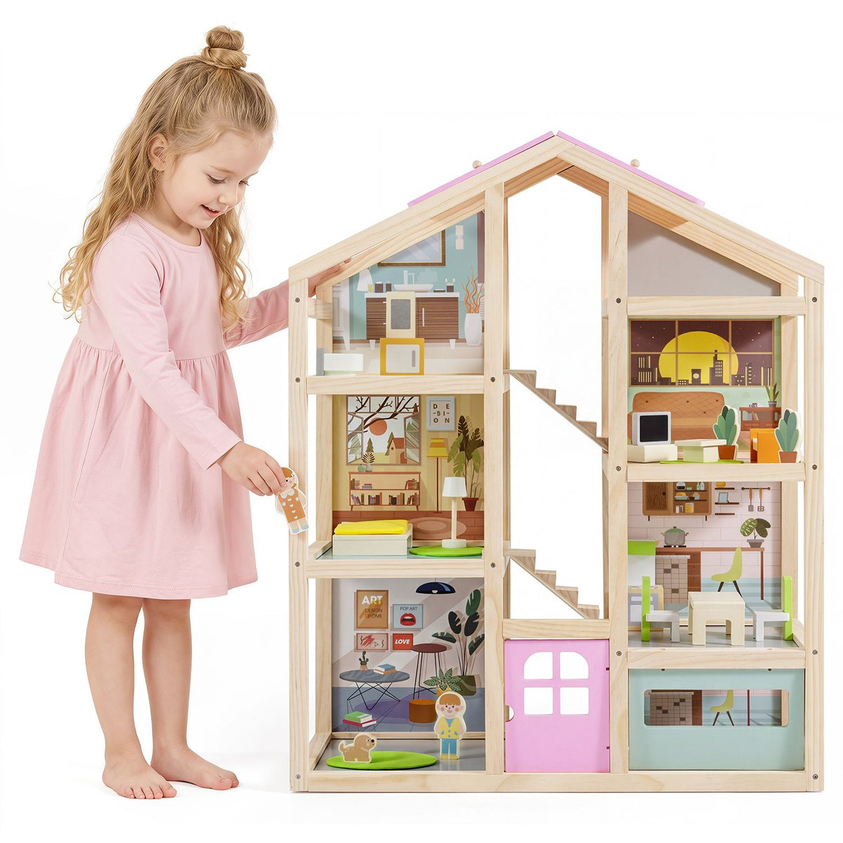Wooden dollhouse for kids by Wilsons Home Store featuring modern design, furniture, and figures, perfect for pretend play.
